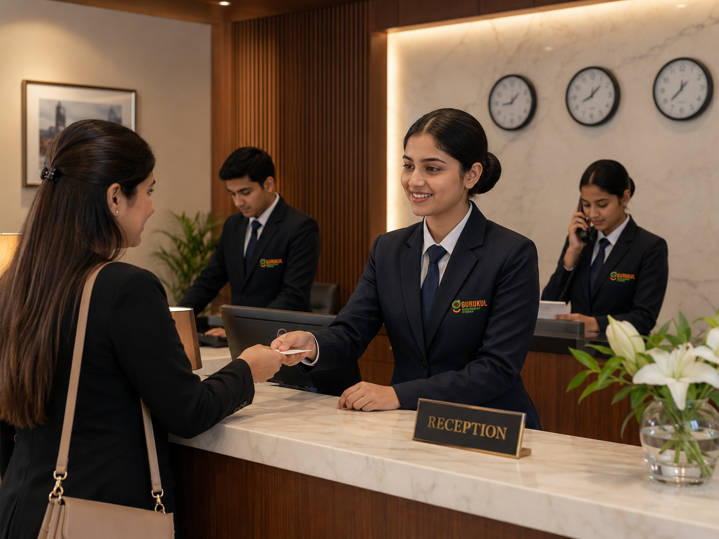 Gurukul Management Studies mock front office and hotel reception desk for student training